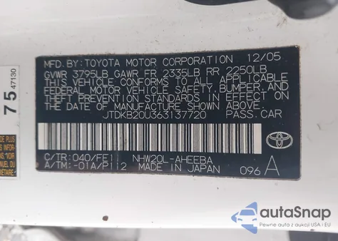 2006 Toyota Prius from USA, damaged, VIN JTDKB20U363137720